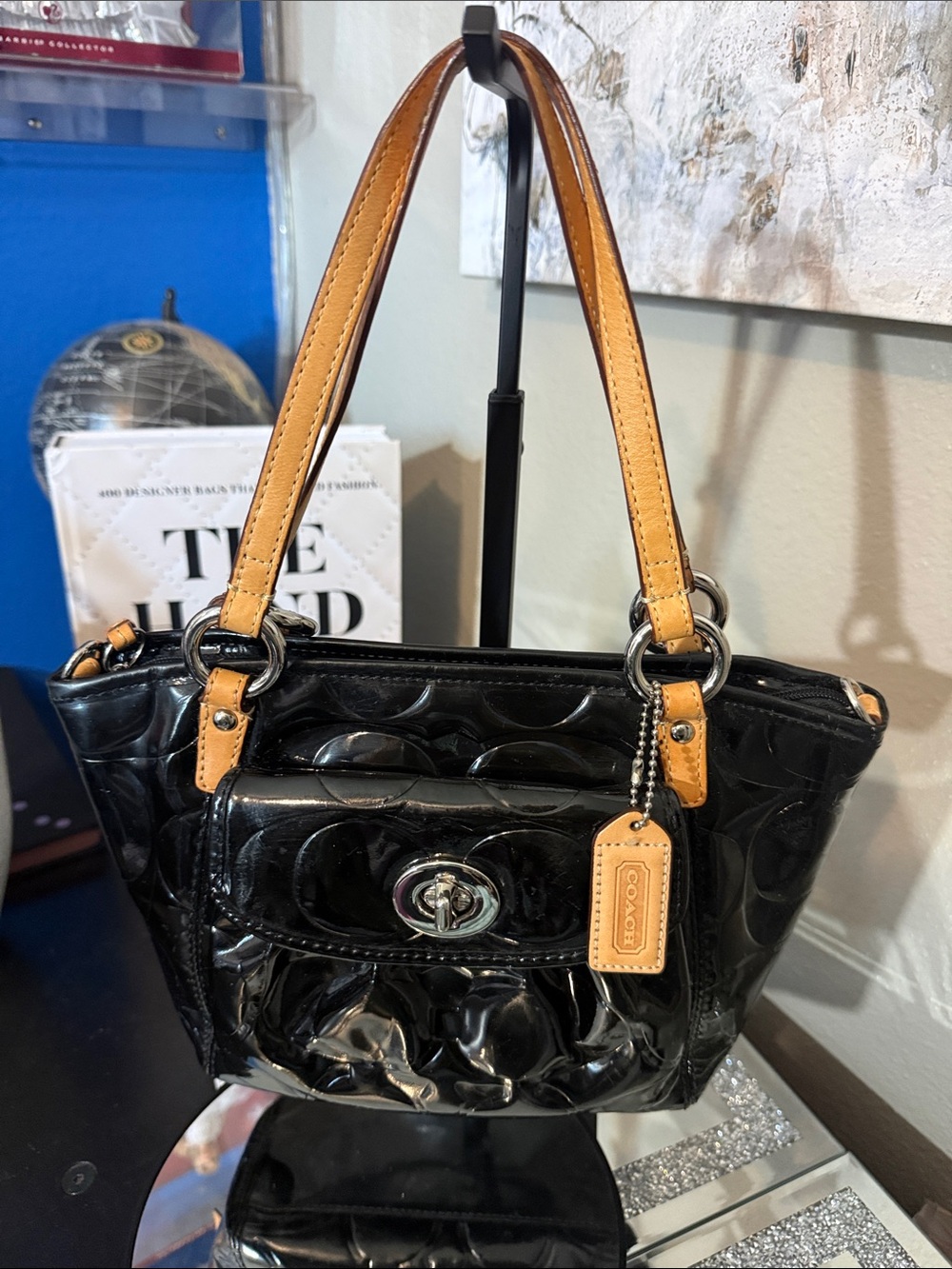 Coach Black Patent Leather Shoulder Bag with Tan Handles